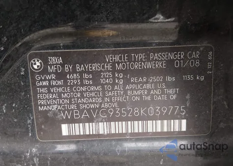 2008 BMW 328Xi z USA, uszkodzony, nr VIN WBAVC93528K039775